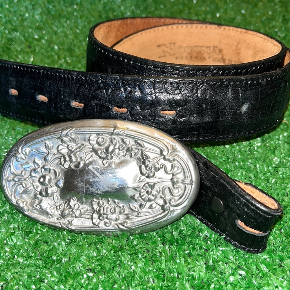 Nocona Mens Black Leather Belt with BRIARPATCH MADE IN USA BELT BUCKLE